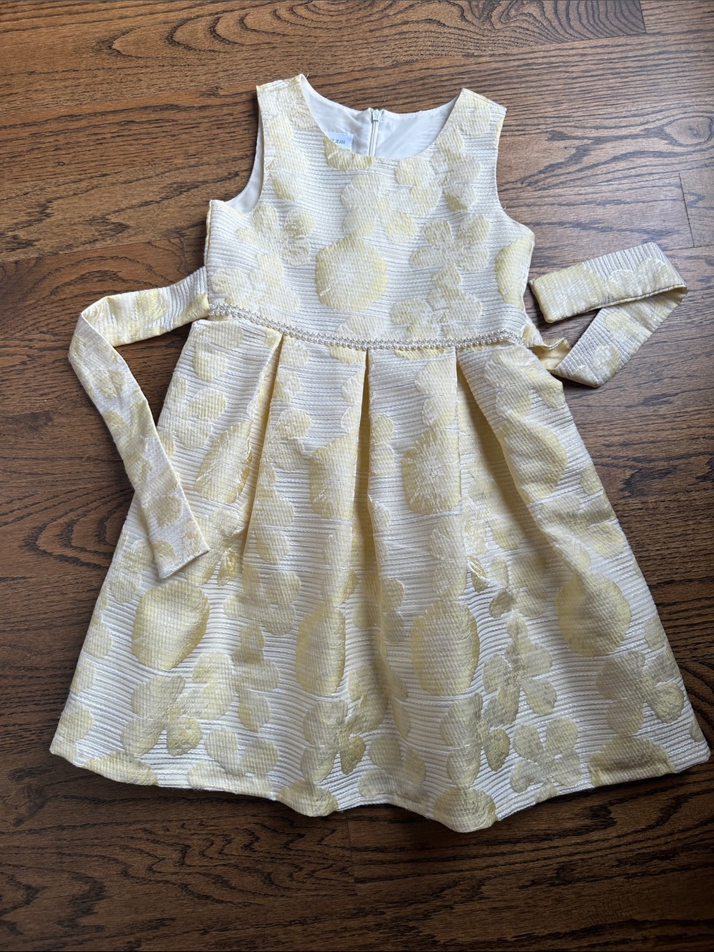 Bonnie Jean Yellow Floral Jacquard Party Dress with Sash
